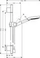 AXOR Brauseset mit Handbrause, schematische Darstellung. Maße und Montageskizze mit verschiedenen Höhen und Abständen, zeigt die Funktionalität und Einstellungsmöglichkeiten.